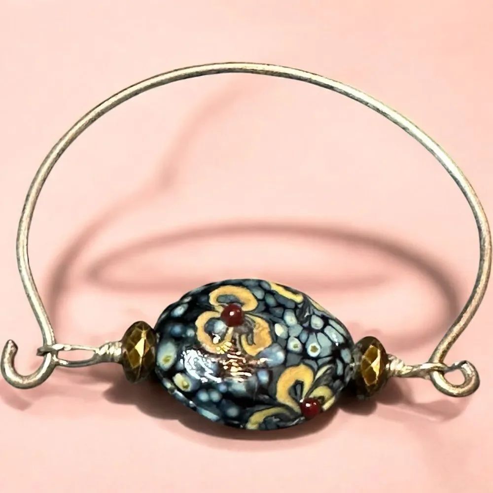 Vintage Handmade Silver Bracelet Single Gorgeous Millefiori Bead